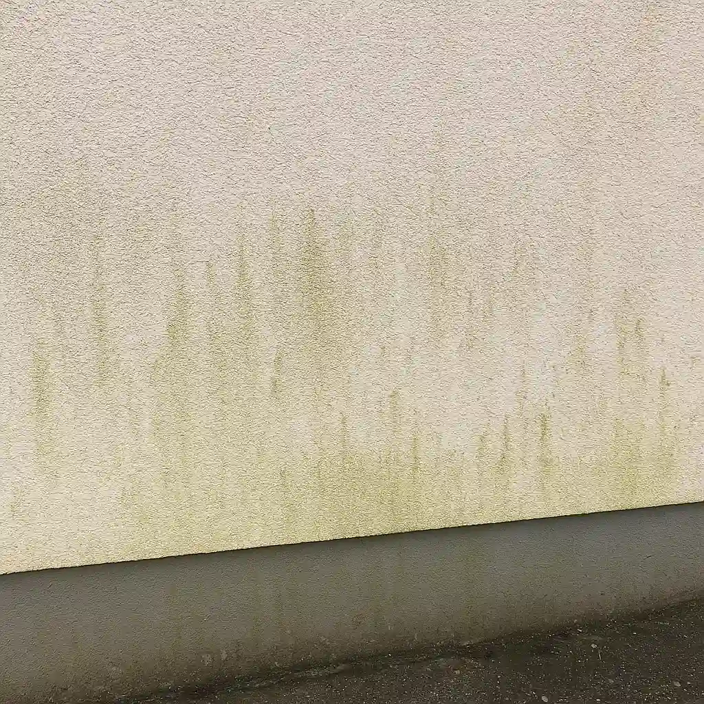 Veralgte Putzfassade vor der Fassadenreinigung – grüne Algenflecken überall auf der Fassade.