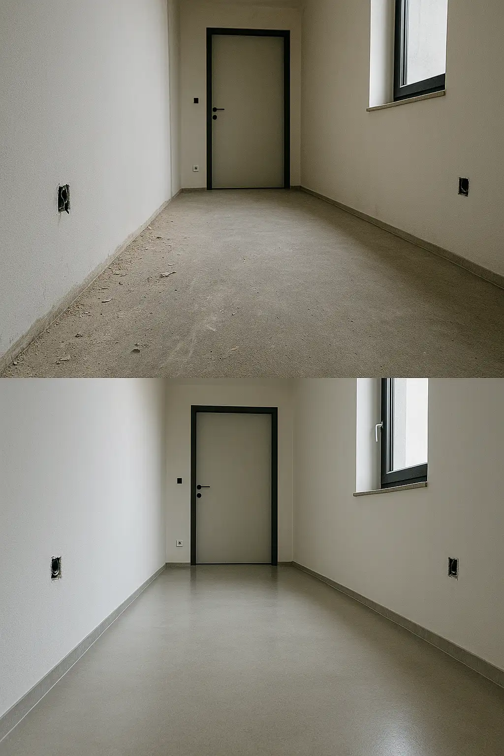 Bauendreinigung Wohnung: oben Zwischenreinigung, unten endgültig gereinigter Boden mit sauberen Randbereichen.