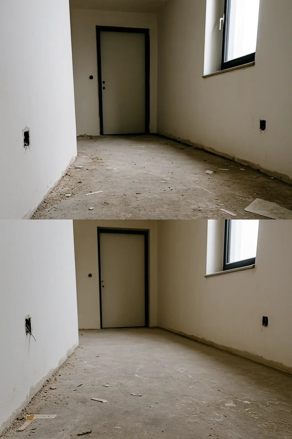 Wohnung vor der Bauendreinigung – zwei Ansichten eines staubigen Estrichs mit Randverschmutzungen.
