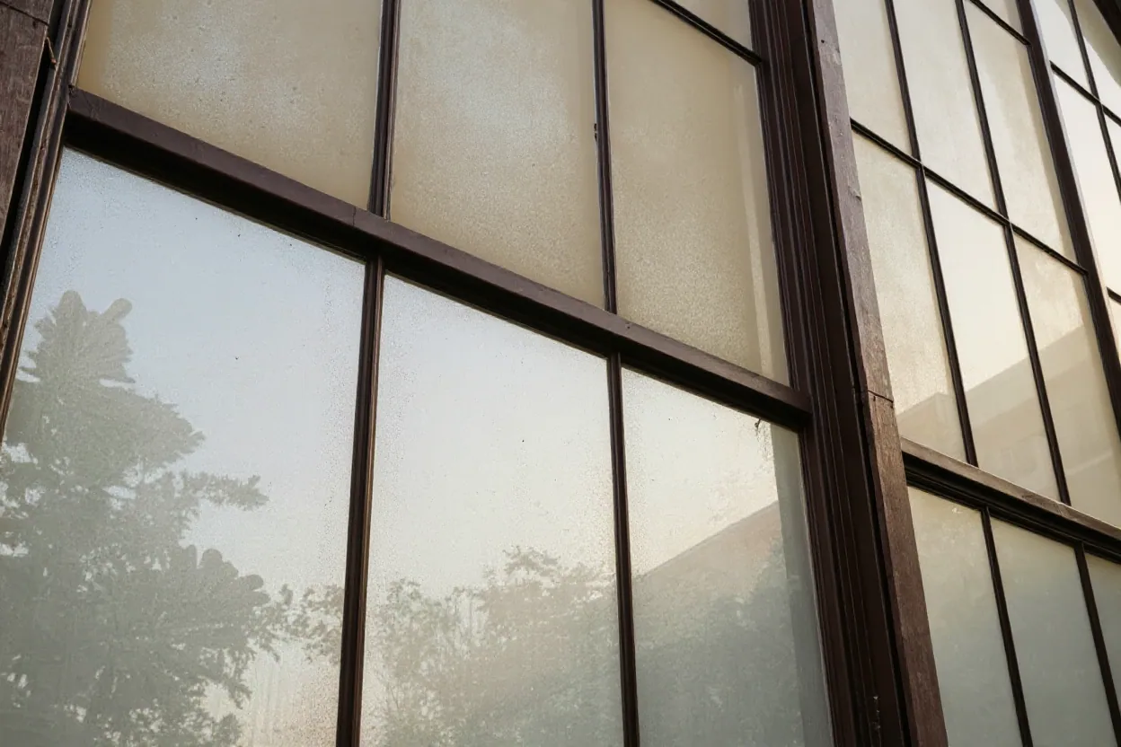 Glasfassadenreinigung: verschmutzte Glasfassade vor der Reinigung, matte Scheiben und Rahmen.