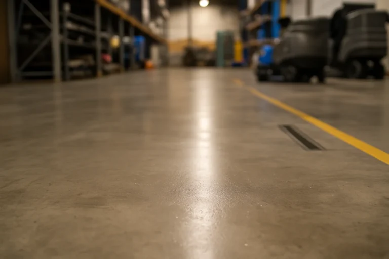 Industrieboden Grundreinigung in einer Lagerhalle. Frisch gereinigter Grund mit Markierung.